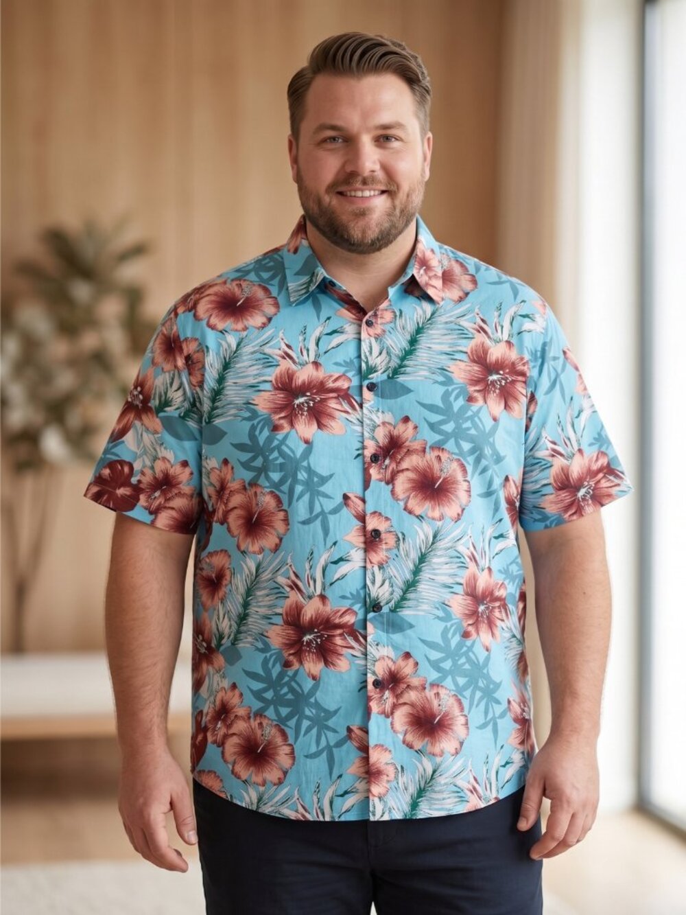 NWT Jogal Mens Turquoise Coral Floral Hibiscus Cotton Blend Beach Shirt 2XL
